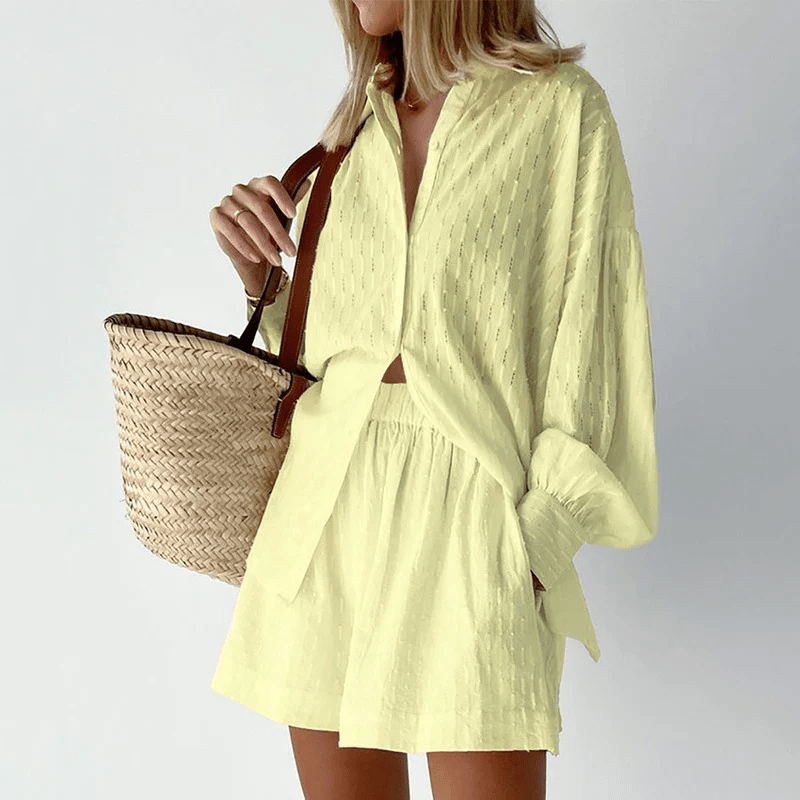Damen Knopfleistenhemd und Shorts mit Puffärmeln und Manschetten 2