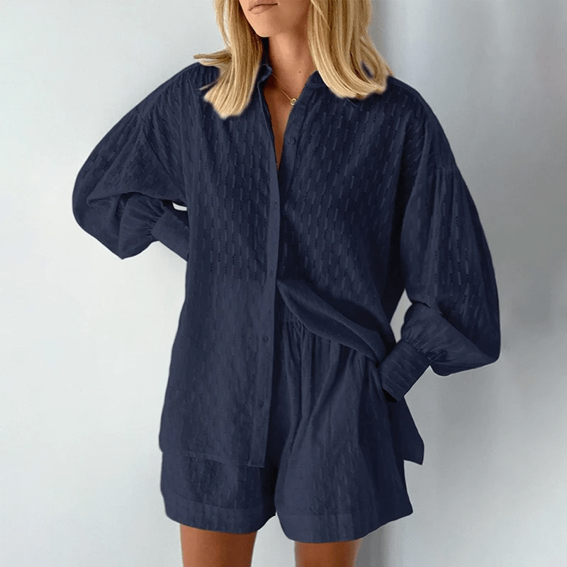 Damen Knopfleistenhemd und Shorts mit Puffärmeln und Manschetten 3