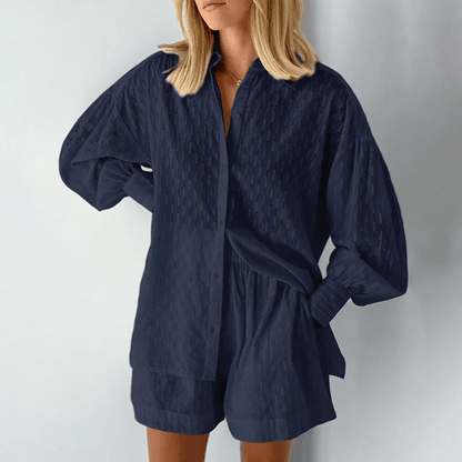 Damen Knopfleistenhemd und Shorts mit Puffärmeln und Manschetten 3
