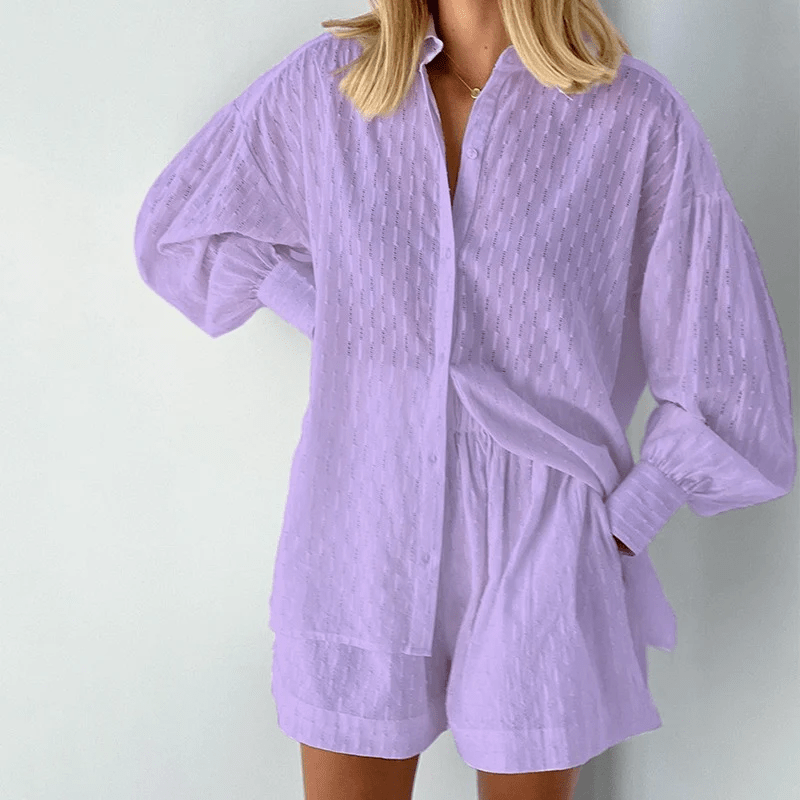 Damen Knopfleistenhemd und Shorts mit Puffärmeln und Manschetten 5