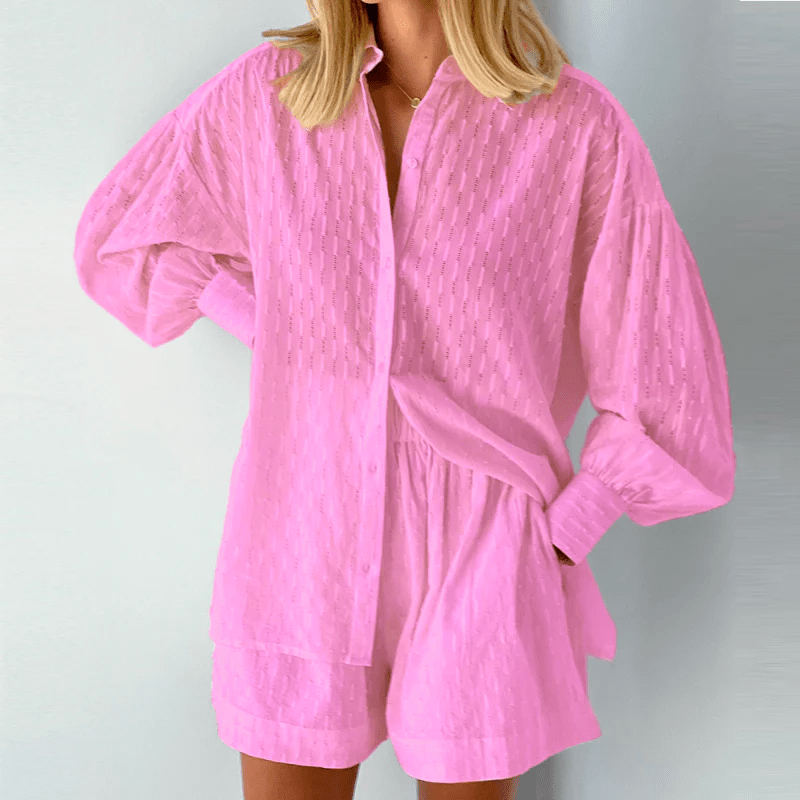 Damen Knopfleistenhemd und Shorts mit Puffärmeln und Manschetten 6