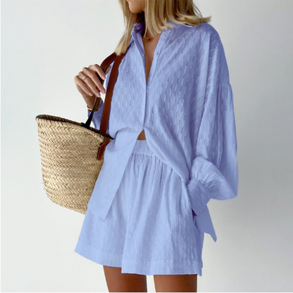 Damen Knopfleistenhemd und Shorts mit Puffärmeln und Manschetten 7