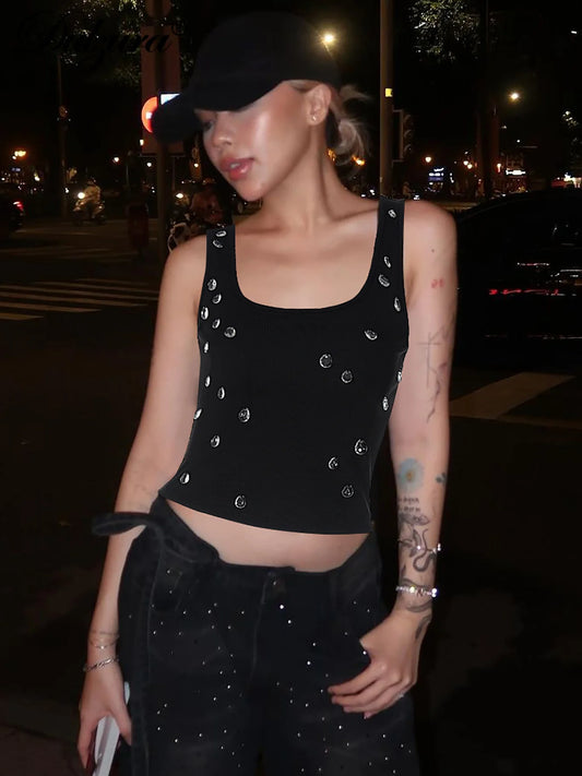 Dulzura gerippte ärmellose Crop Tank mit Wassertropfen Diamant Dekorieren sexy elegante Top -Party -Club Streetwear Spring Sommer 3