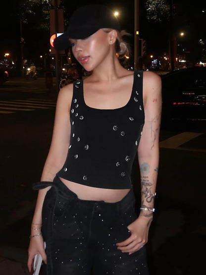 Dulzura gerippte ärmellose Crop Tank mit Wassertropfen Diamant Dekorieren sexy elegante Top -Party -Club Streetwear Spring Sommer 6