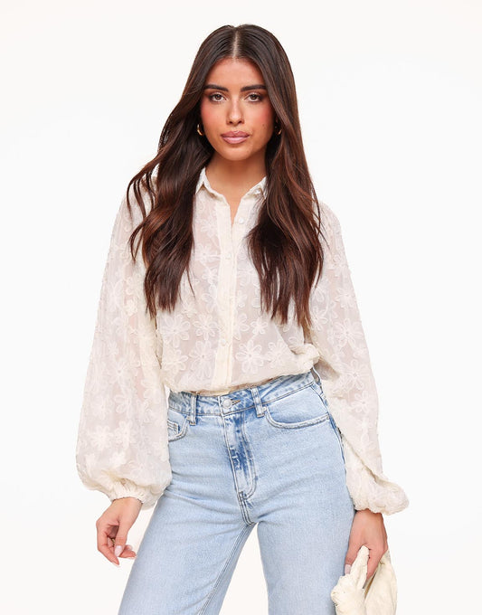 Elegante transparente Bluse mit Blumenmuster – Creme 0