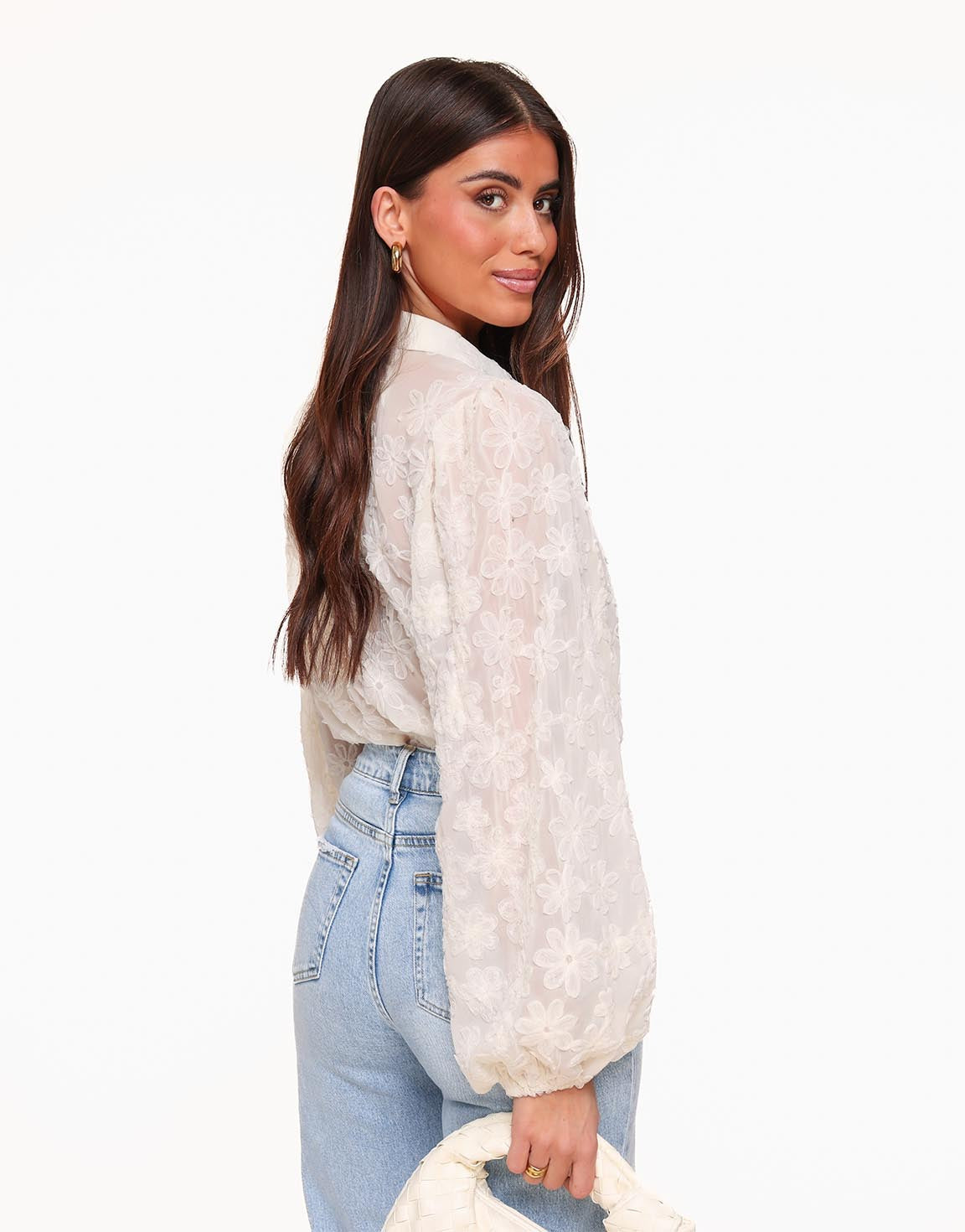 Elegante transparente Bluse mit Blumenmuster – Creme 2