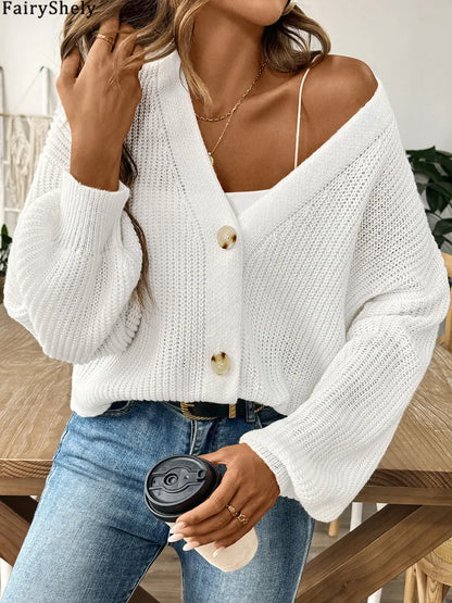 LIVIA STRICK-CARDIGAN MIT BALLONÄRMELN UND V-AUSSCHNITT