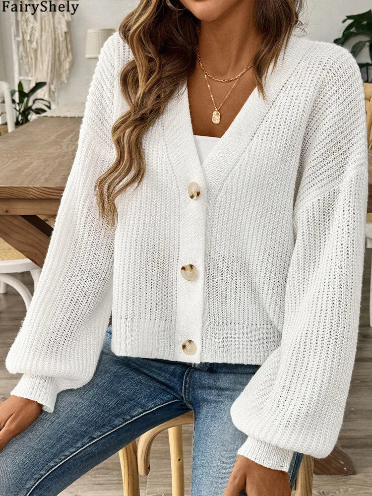 LIVIA STRICK-CARDIGAN MIT BALLONÄRMELN UND V-AUSSCHNITT