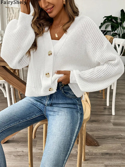 LIVIA STRICK-CARDIGAN MIT BALLONÄRMELN UND V-AUSSCHNITT
