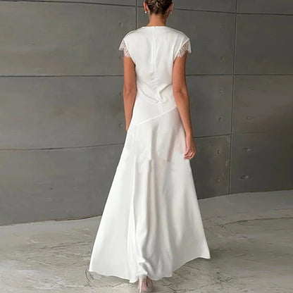 Frauen elegant Kurzarm Party Kleid sexy Spitze Split Split drapiert schlanker Maxikleider lässig O-Necktemperament Satin Long Kleid 2