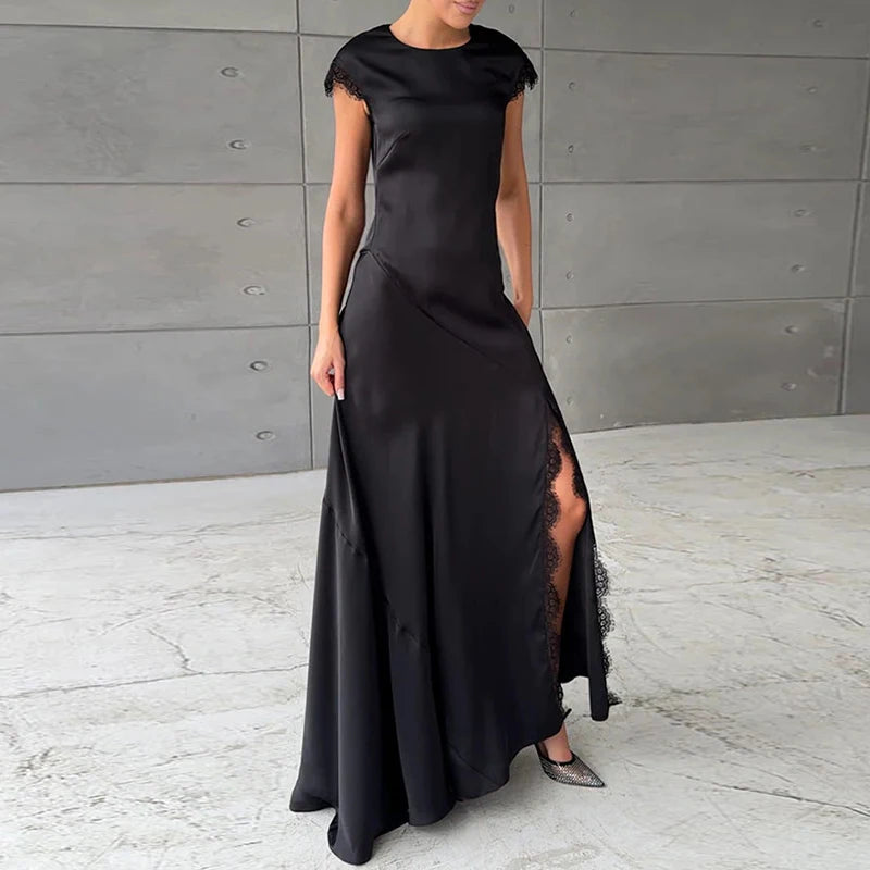 Frauen elegant Kurzarm Party Kleid sexy Spitze Split Split drapiert schlanker Maxikleider lässig O-Necktemperament Satin Long Kleid 5