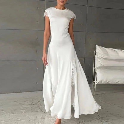 Frauen elegant Kurzarm Party Kleid sexy Spitze Split Split drapiert schlanker Maxikleider lässig O-Necktemperament Satin Long Kleid 6