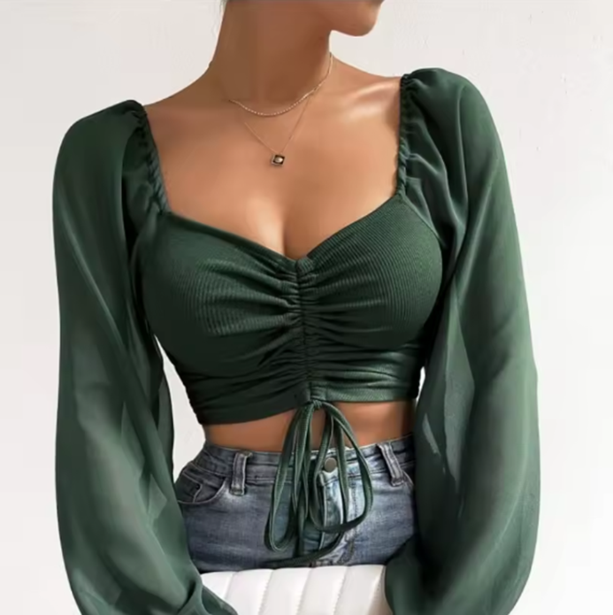 Variant image for Damen Crop Top Schwarz Größe M Polyester mit Transparenten Ärmeln und Raffung-13