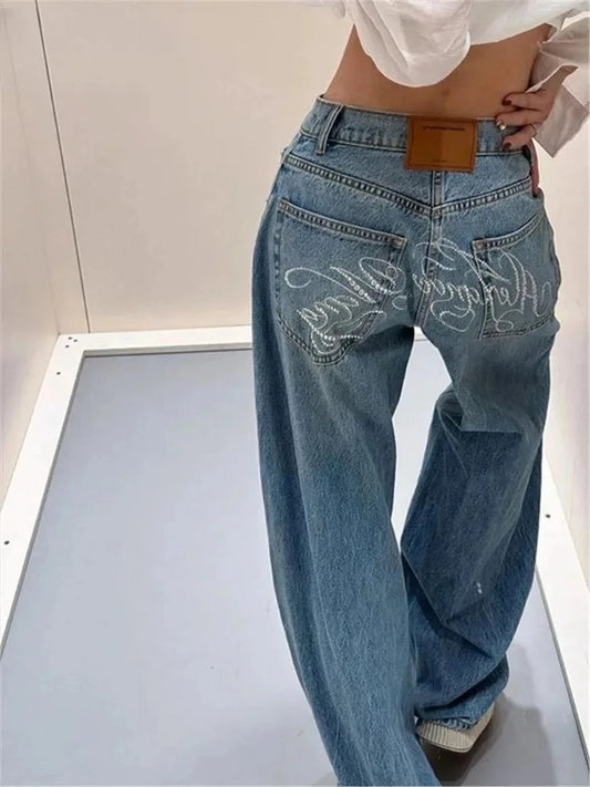 LIVORNO JEANSHOSE MIT STICKEREI UND WEITEM BEIN HIGH WAIST STYLE