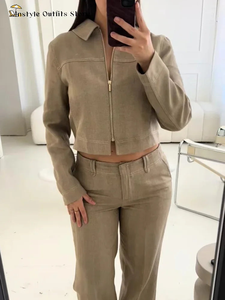 VALENCIA ZWEITEILER MIT CROP JACKE UND WEITER HOSE IN LEINEN-OPTIK