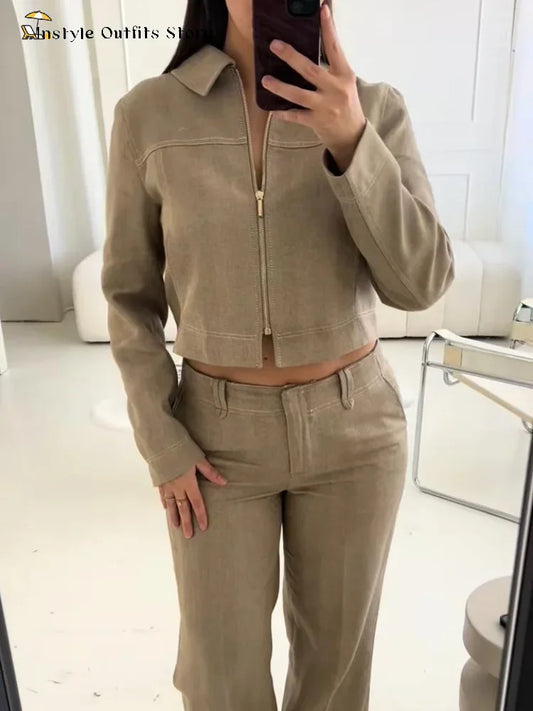 VALENCIA ZWEITEILER MIT CROP JACKE UND WEITER HOSE IN LEINEN-OPTIK