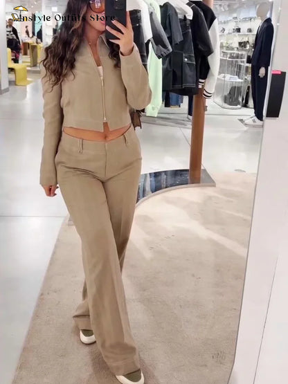 VALENCIA ZWEITEILER MIT CROP JACKE UND WEITER HOSE IN LEINEN-OPTIK