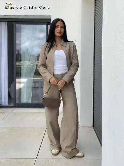 VALENCIA ZWEITEILER MIT CROP JACKE UND WEITER HOSE IN LEINEN-OPTIK