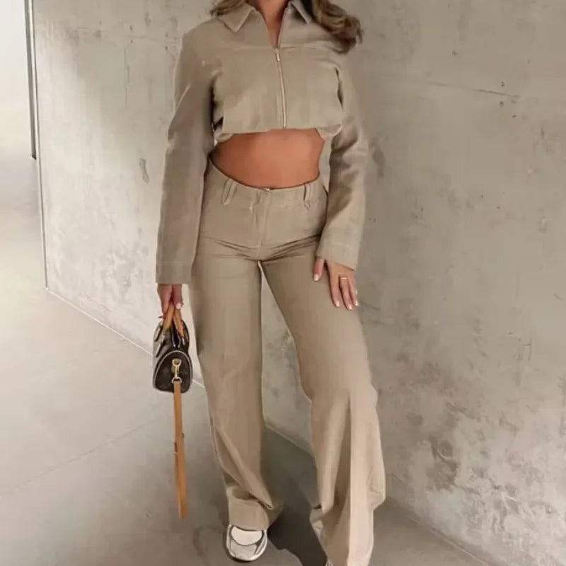 VALENCIA ZWEITEILER MIT CROP JACKE UND WEITER HOSE IN LEINEN-OPTIK