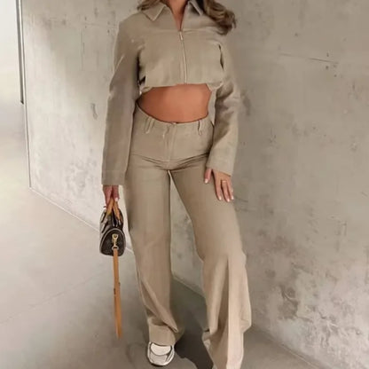 VALENCIA ZWEITEILER MIT CROP JACKE UND WEITER HOSE IN LEINEN-OPTIK