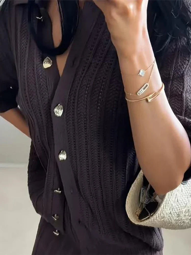 LENA STRICKCARDIGAN UND HOSE ZWEITEILER MIT UMSCHLAGKRAGEN HALBLÄNGLIGE ÄRMEL KOMFORTABEL UND VIELSEITIG