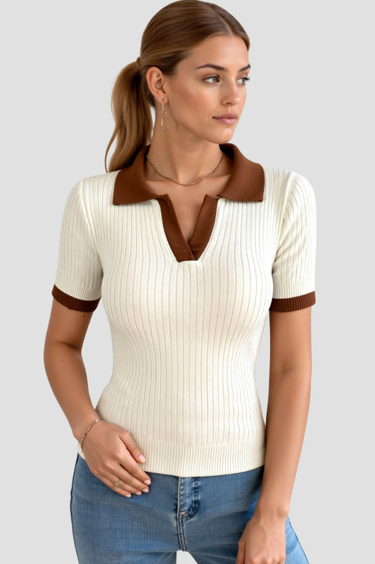 Lässiges Polo Farbe Block gekerbte Kragen gestrickt Top 0
