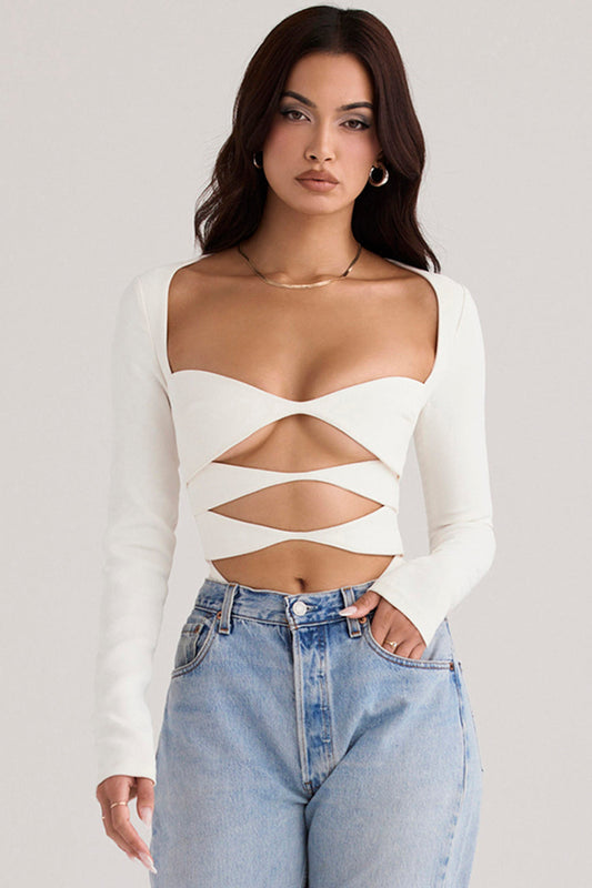 Margot | Chic Weiß Ausschnitt Langarm Crop Top für Trendy Frauen 0