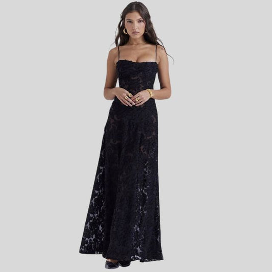 ALINDA KLEID – SCHWARZES SPITZEN-MAXIKLEID MIT TRÄGERN FÜR DAMEN
