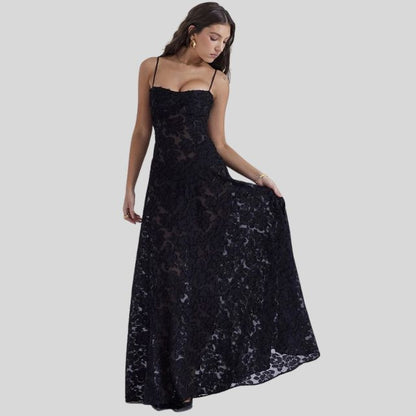 ALINDA KLEID – SCHWARZES SPITZEN-MAXIKLEID MIT TRÄGERN FÜR DAMEN