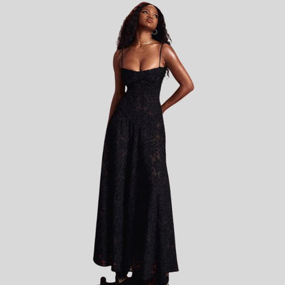 ALINDA KLEID – SCHWARZES SPITZEN-MAXIKLEID MIT TRÄGERN FÜR DAMEN