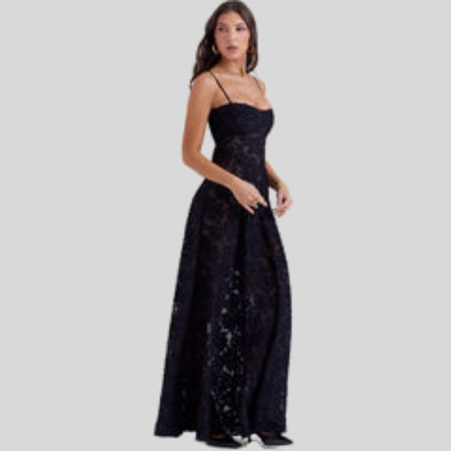 ALINDA KLEID – SCHWARZES SPITZEN-MAXIKLEID MIT TRÄGERN FÜR DAMEN