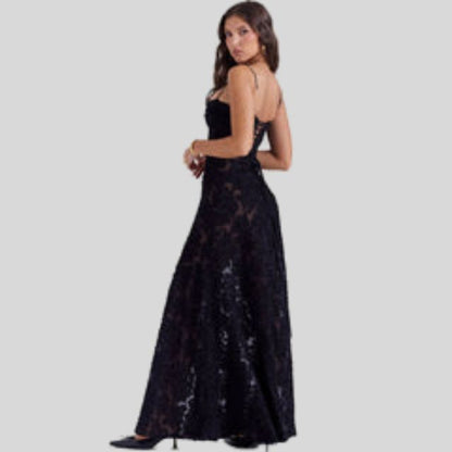 ALINDA KLEID – SCHWARZES SPITZEN-MAXIKLEID MIT TRÄGERN FÜR DAMEN
