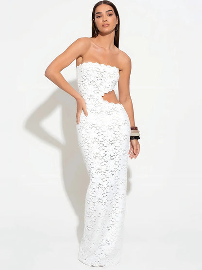 Mozision Offschuldneren Rückenfreie sexy Maxi Kleid Frauen Spitze trägerloser ärmelloser Hollod-out Skinny Club Party Langes Kleid elegant 2