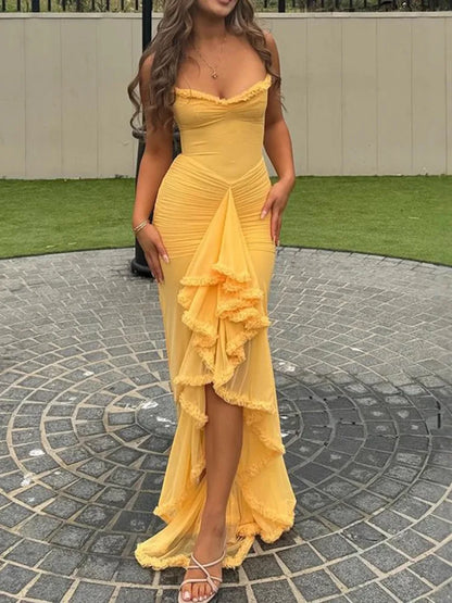 MARY | RÜSCHENKLEID MIT SPAGHETTITRÄGERN AUS MESH