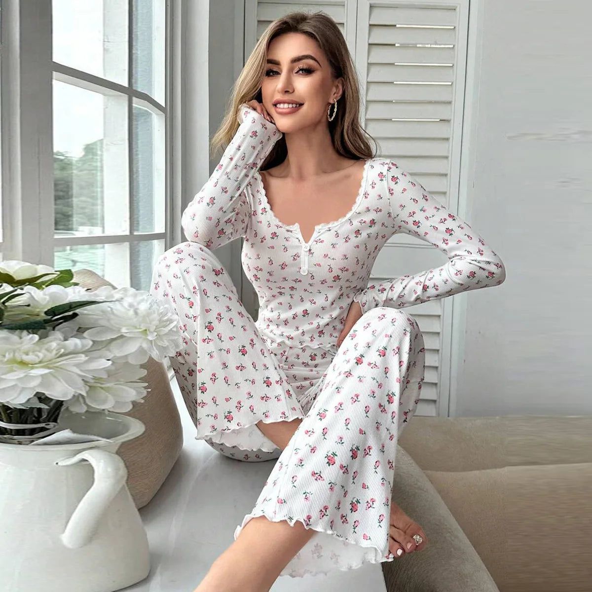 LOUNGEWAER SET DAMEN BLUMENMUSTER