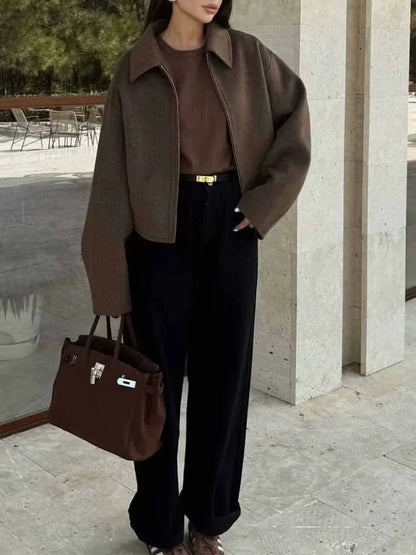 Autumn and winter fashion lapel long-sleeved zipper woolen coat 2024 European and American loose casual jacket-2