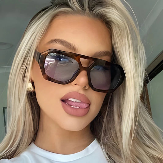 Vintage Square Sunglasses for Women Men Thick Frame Double Bridges Eyewear Female Fashion Chic Polygon Sun Glasses Leopard Blue-2