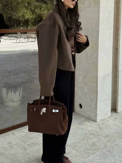 Autumn and winter fashion lapel long-sleeved zipper woolen coat 2024 European and American loose casual jacket-3