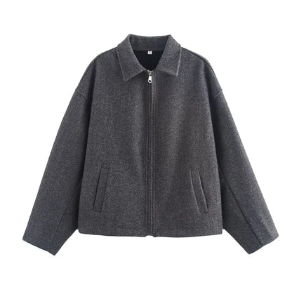 Variant image for Autumn and winter fashion lapel long-sleeved zipper woolen coat 2024 European and American loose casual jacket-1