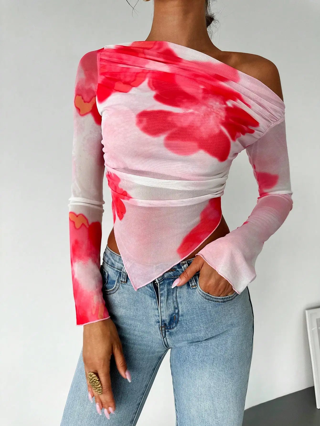 LINA | ONE SHOULDER MESH SHIRT