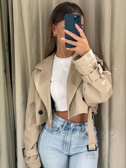 2024 Belt Cropped Trench Spring Jacket Women Vintage Streetwear Double Breasted Long Sleeve Top Female Coat Outfits-2