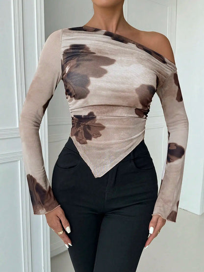 Variant image for Sweet Spice Personality Style Mesh Print Diagonal Shoulder Long Sleeve Top Irregular Off-the-shoulder Short Top for Women-2