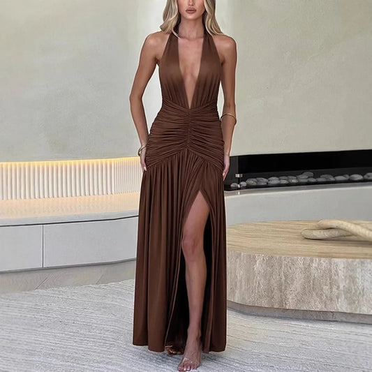 Damen Langkleid Schwarz Größe M Polyester mit Tiefem V-Ausschnitt und Hohem Seitenschlitz-3