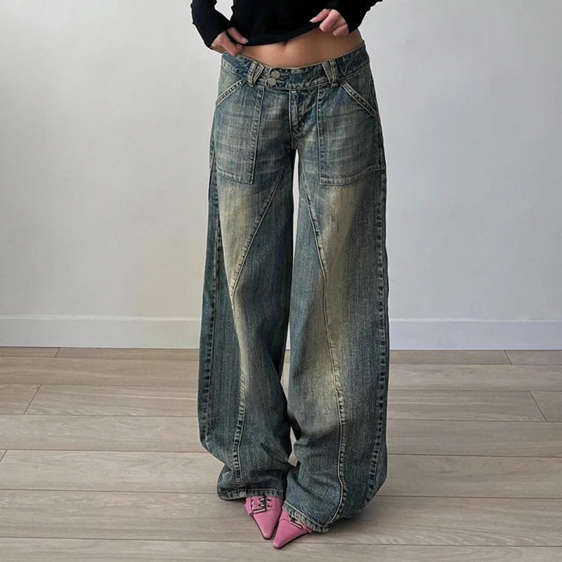 VERONA WIDE-LEG-JEANS MIT DOPPELKNOPF UND USED-WASH