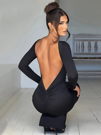 Damen Abendkleid Schwarz Größe M Polyester Rückenfrei Langarm Bodycon-5