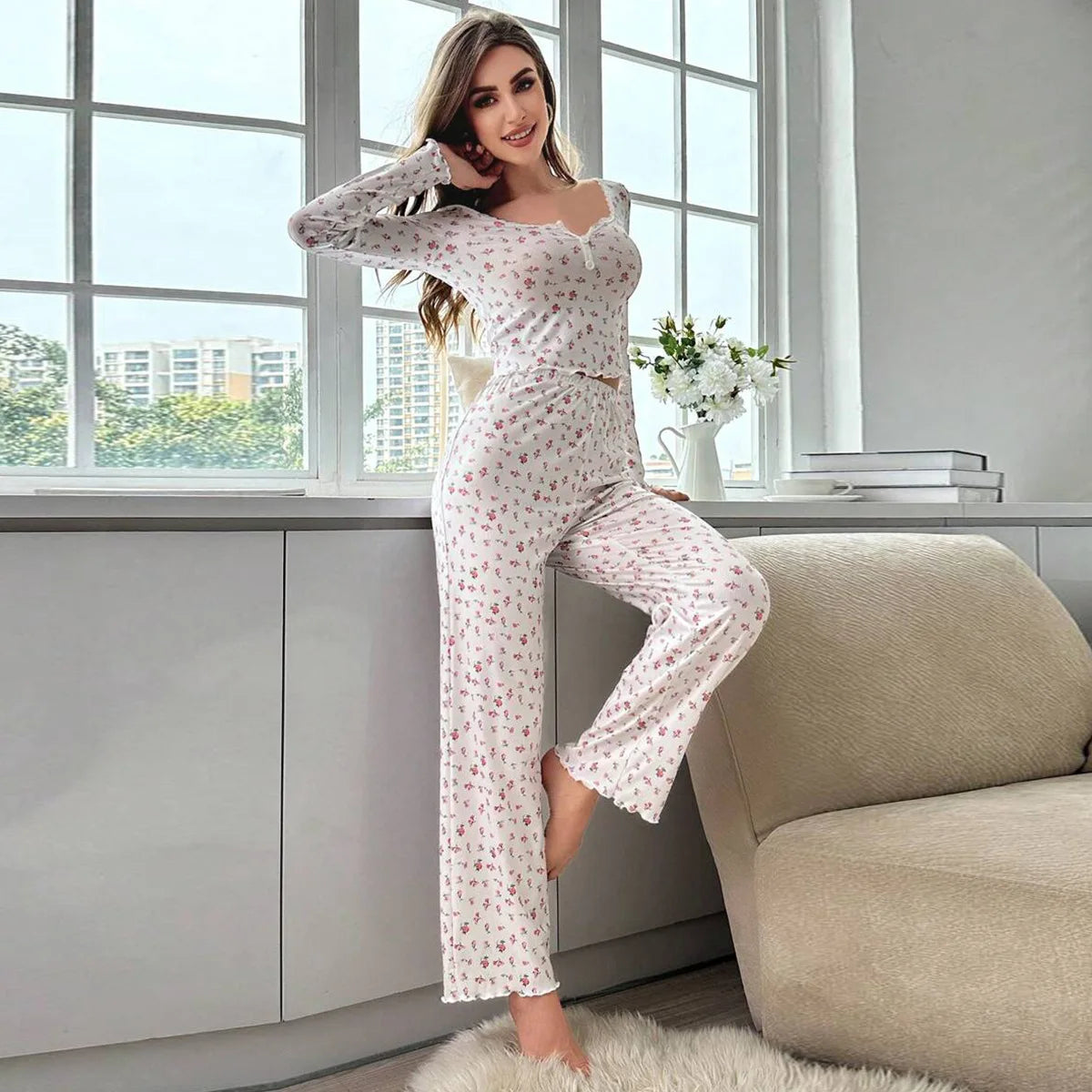 LOUNGEWAER SET DAMEN BLUMENMUSTER