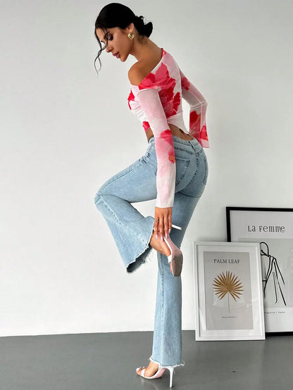 LINA | ONE SHOULDER MESH SHIRT
