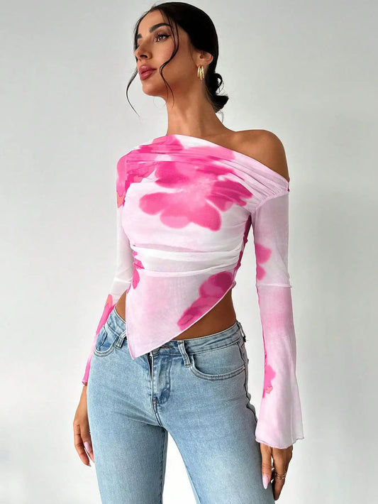 LINA | ONE SHOULDER MESH SHIRT