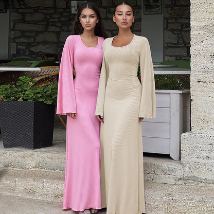 Solid gerippte Trompete Langarm Langarm Maxi Kleider Back Schnürbänder elegant lässig für Frauen ein wenig dünnere Kleider aller Jahreszeiten 1
