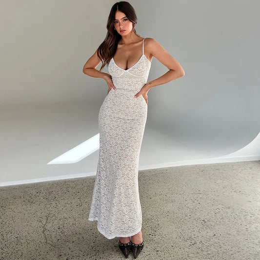 Spitzenperspektive Low geschnittene Slim Sling Women Kleid 2024 Neue V -Hals -Wrap -Hüfte transparent lange Kleiderparty sexy Club Abendkleid 0